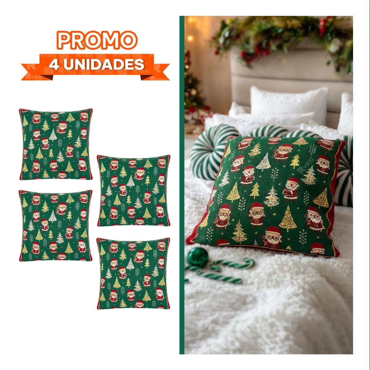 PACK4 COJIN PARA SOFA CON DISENO FESTIVO DE PINO Y SANTA VERDE YREGALO STICKER - 1