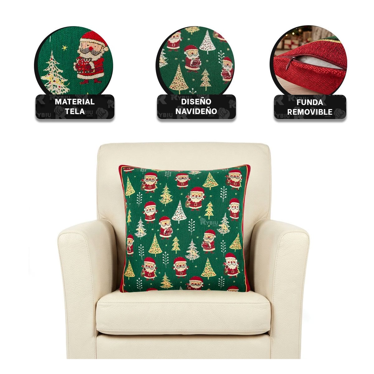 PACK4 COJIN PARA SOFA CON DISENO FESTIVO DE PINO Y SANTA VERDE YREGALO STICKER - 4