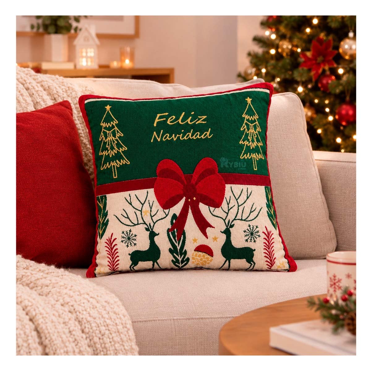 PACK4 COJIN PARA SOFA CON DISENO NAVIDENO DE LAZO CENTRAL VERDE YREGALO STICKER - 3