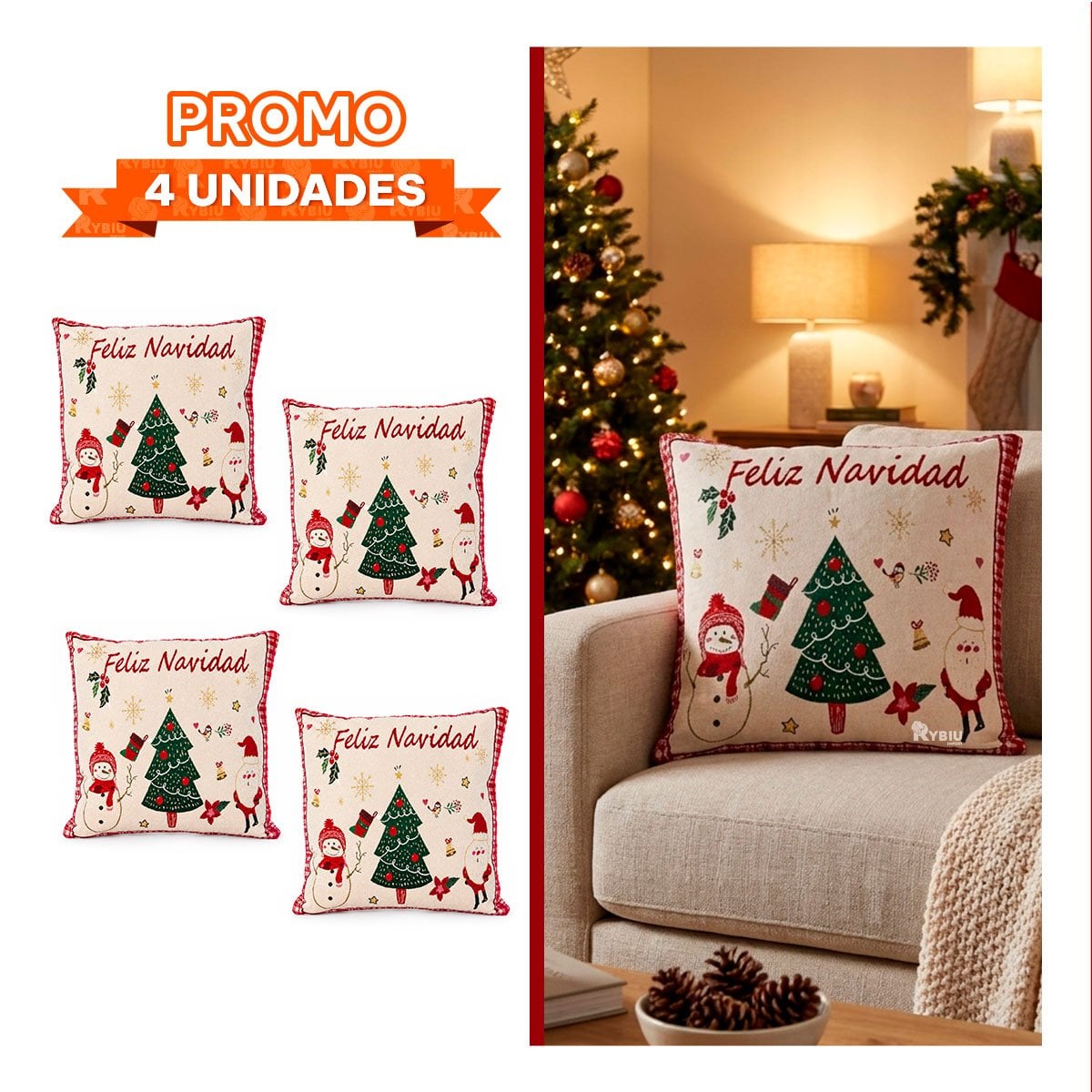 PACK4 COJIN DECORATIVO CON ESTILO NAVIDENO DE PINO BEIGE - 1