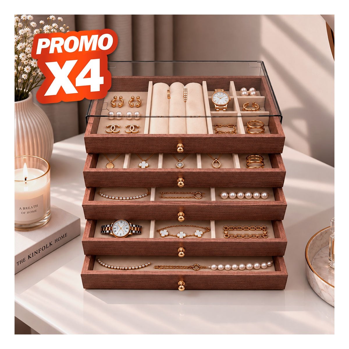 PACK4 CAJA PARA JOYAS DE MADERA 24X14X17CM MARRON YREGALO STICKER - 1