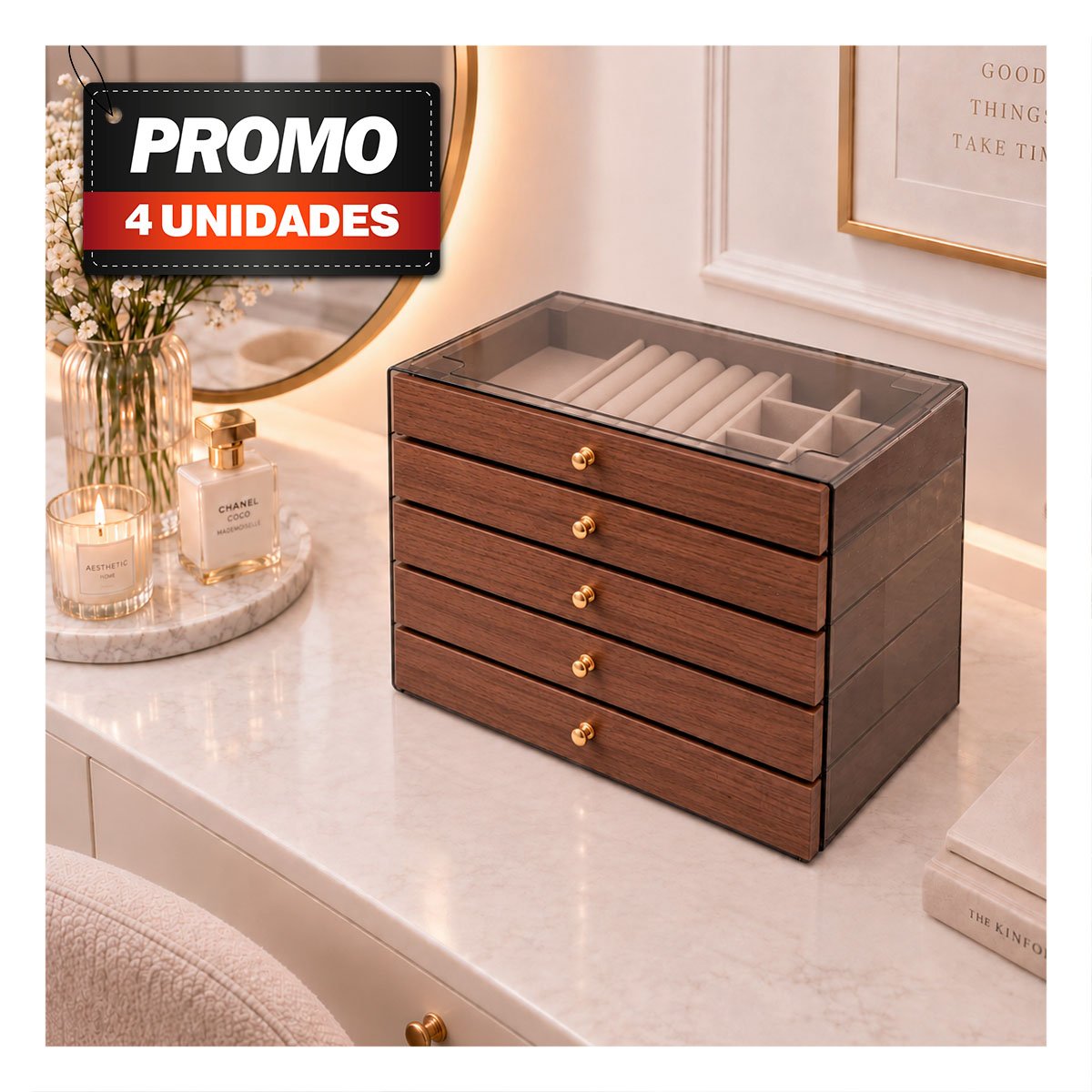 PACK4 ORGANIZADOR DE ACCESORIOS CON CAJONES 24X14X17CM MARRON - 1