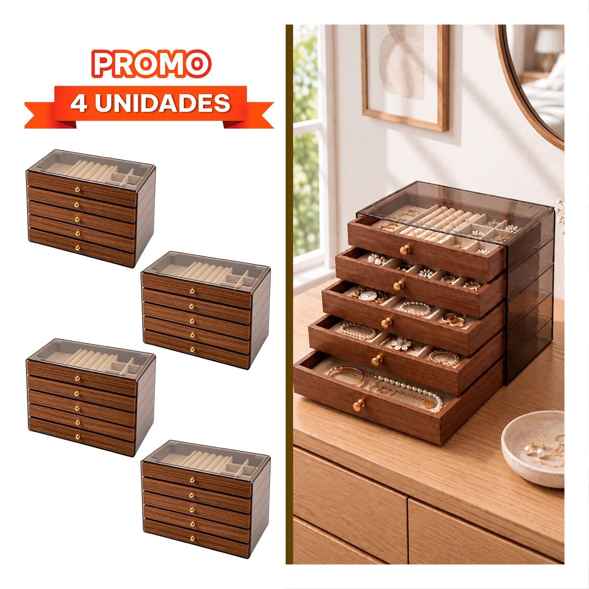 PACK4 ORGANIZADOR DE JOYAS PARA TOCADOR 24X14X17CM MARRON YPAPEL REGALO - 1