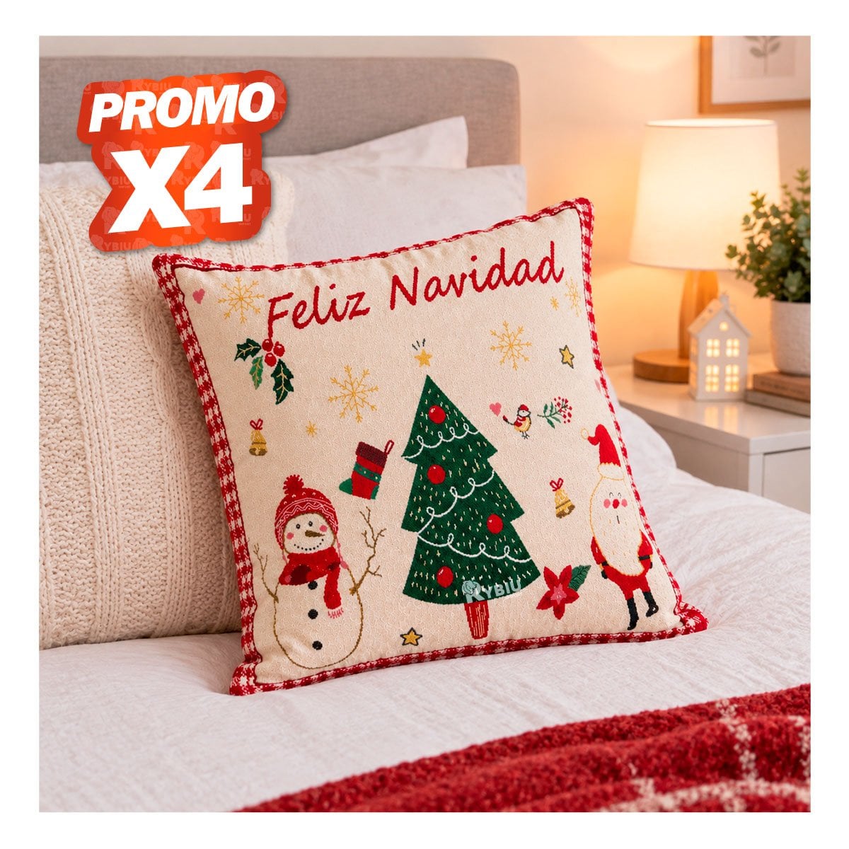 PACK4 ALMOHADON PARA CAMA CON FIGURA DE PINO NAVIDENO BEIGE YPAPEL REGALO - 1