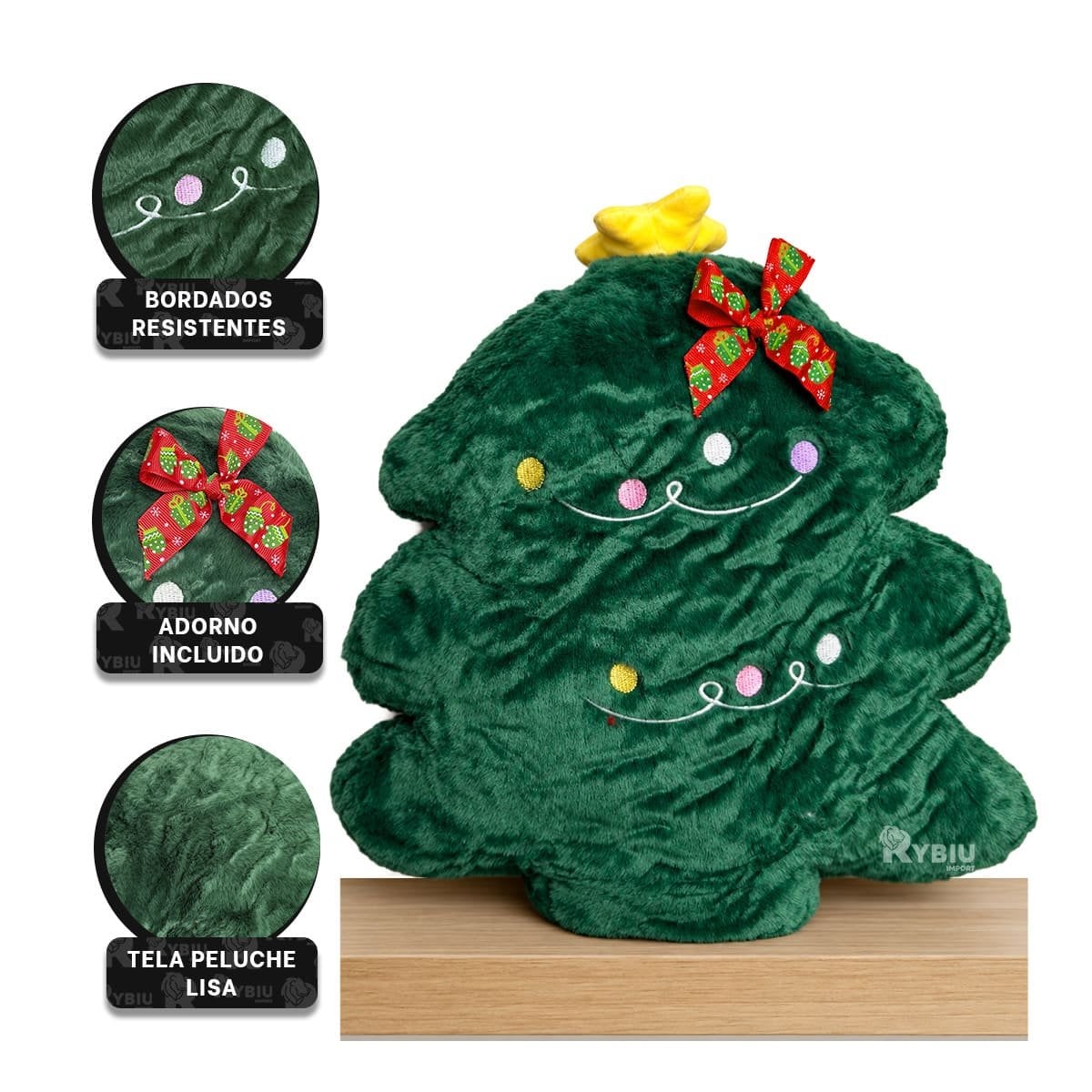 COJIN NAVIDENO DE PELUCHE CON SILUETA DE ARBOL VERDE OSCURO Y STICKY - 4