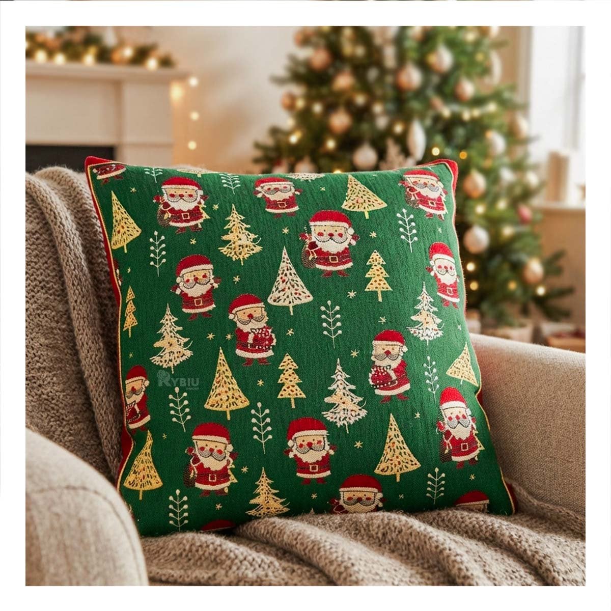 COJIN DE NAVIDAD CON ESTAMPADO DE PINO Y SANTA VERDE Y REGALO STICKER - 1