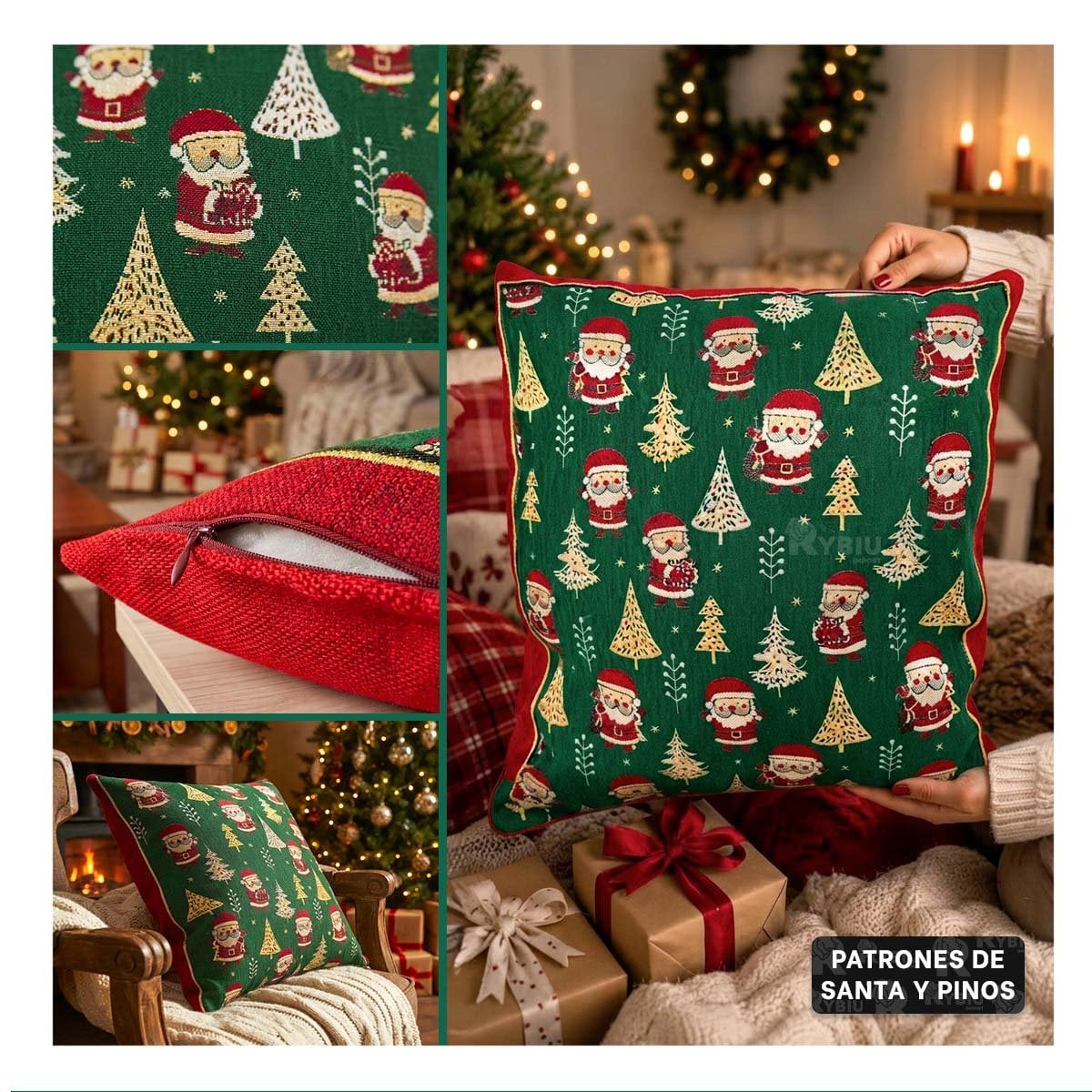 COJIN DE NAVIDAD CON ESTAMPADO DE PINO Y SANTA VERDE Y REGALO STICKER - 3