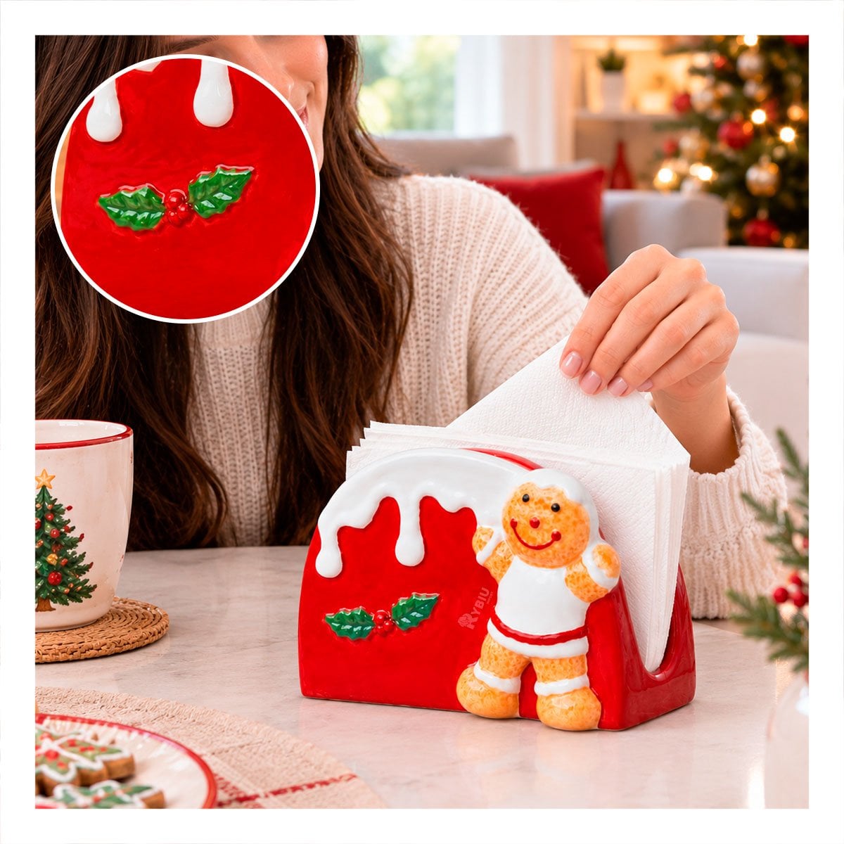 PORTA SERVILLETAS BLANCO Y ROJO CON JENGIBRE Y NIEVE DERRETIDA PARA NAVIDAD YPAPEL REGALO - 1