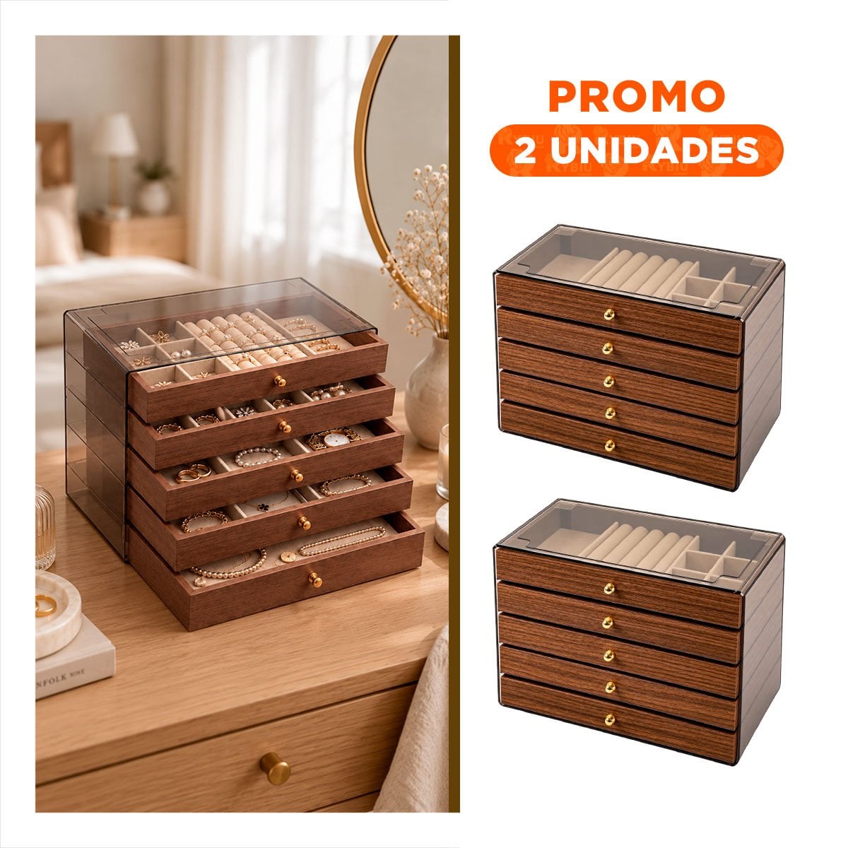 PACK2 ORGANIZADOR DE JOYAS CON CAJONES 24X14X17CM MARRON YPAPEL REGALO - 1