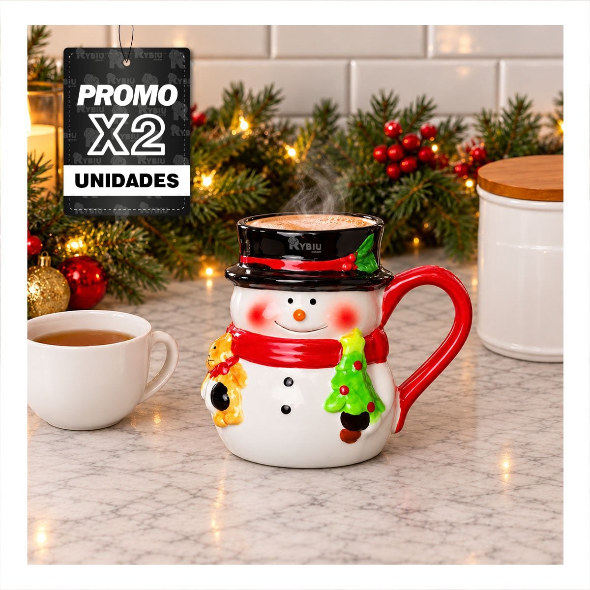 PACK2 TAZA DECORATIVA DE NAVIDAD CON MUÑECO DE NIEVE BLANCO - 1