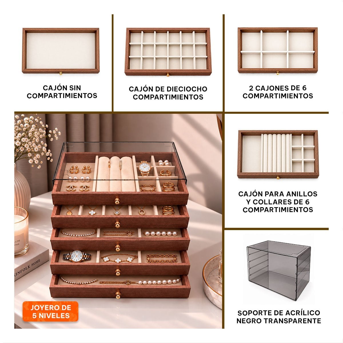 JOYERO ORGANIZADOR CON 5 NIVELES 24X14X17CM MARRON Y STICKY - 3