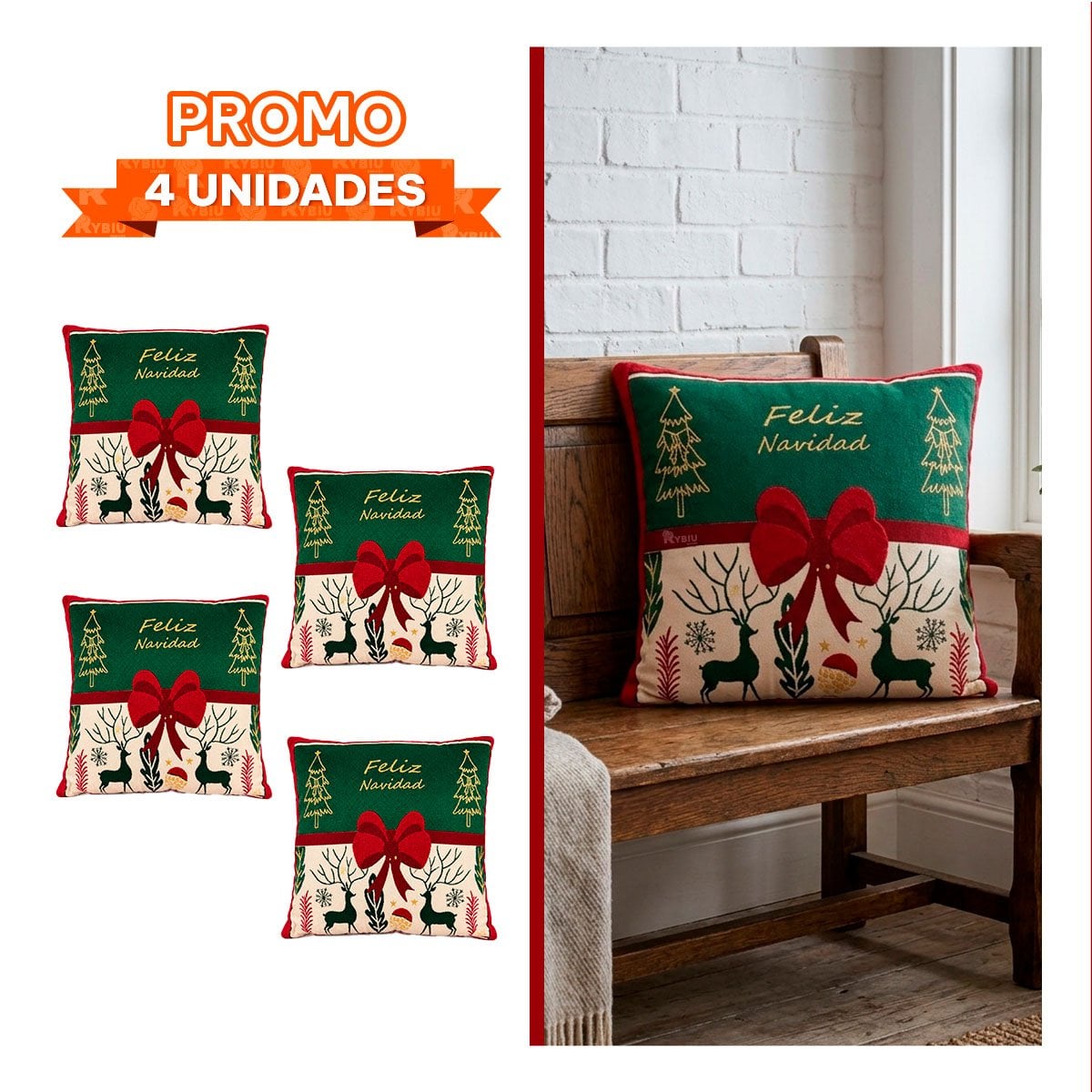 PACK4 ALMOHADON TEXTIL CON LAZO CENTRAL PARA DECORACION VERDE YPAPEL REGALO - 1