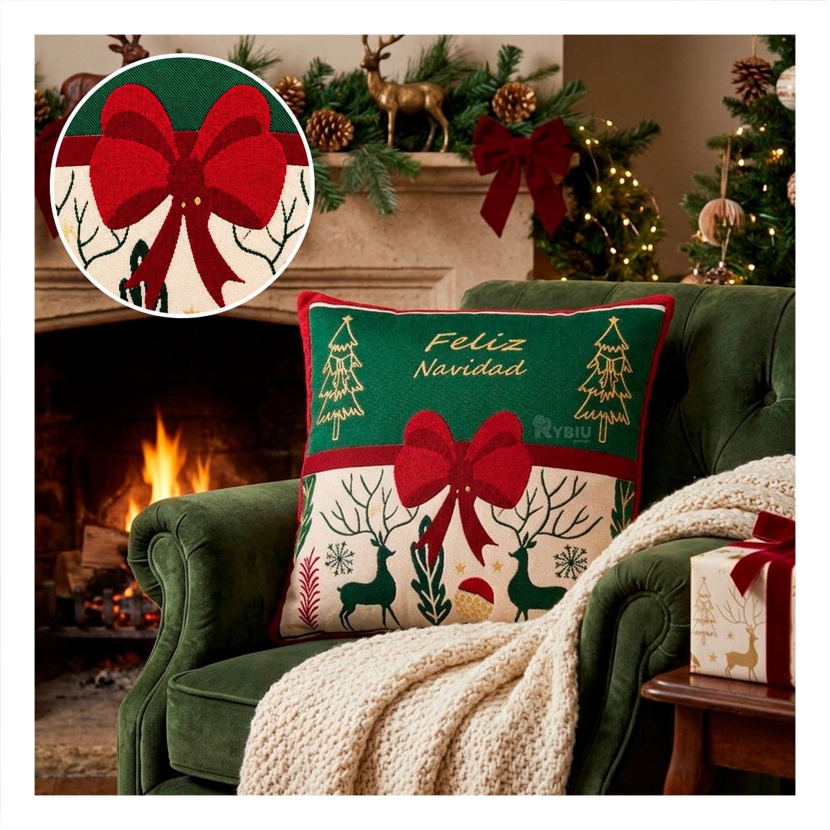 PACK4 ALMOHADON TEXTIL CON LAZO CENTRAL PARA DECORACION VERDE YPAPEL REGALO - 3