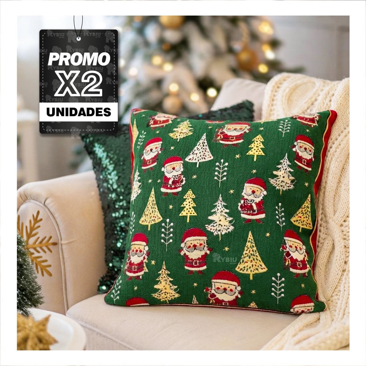 PACK2 ALMOHADON DE NAVIDAD CON FIGURAS DE SANTA Y PINO VERDE - 1