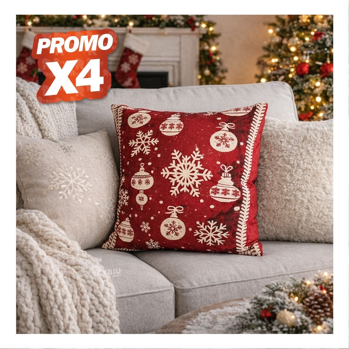 PACK4 ALMOHADON TEXTIL CON ESTAMPADO DE COPOS NAVIDENOS ROJO - 1