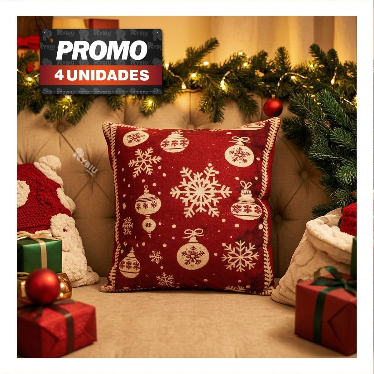 PACK4 ALMOHADON DE NAVIDAD CON DISENO DE COPOS DECORATIVOS ROJO YREGALO STICKER - 1
