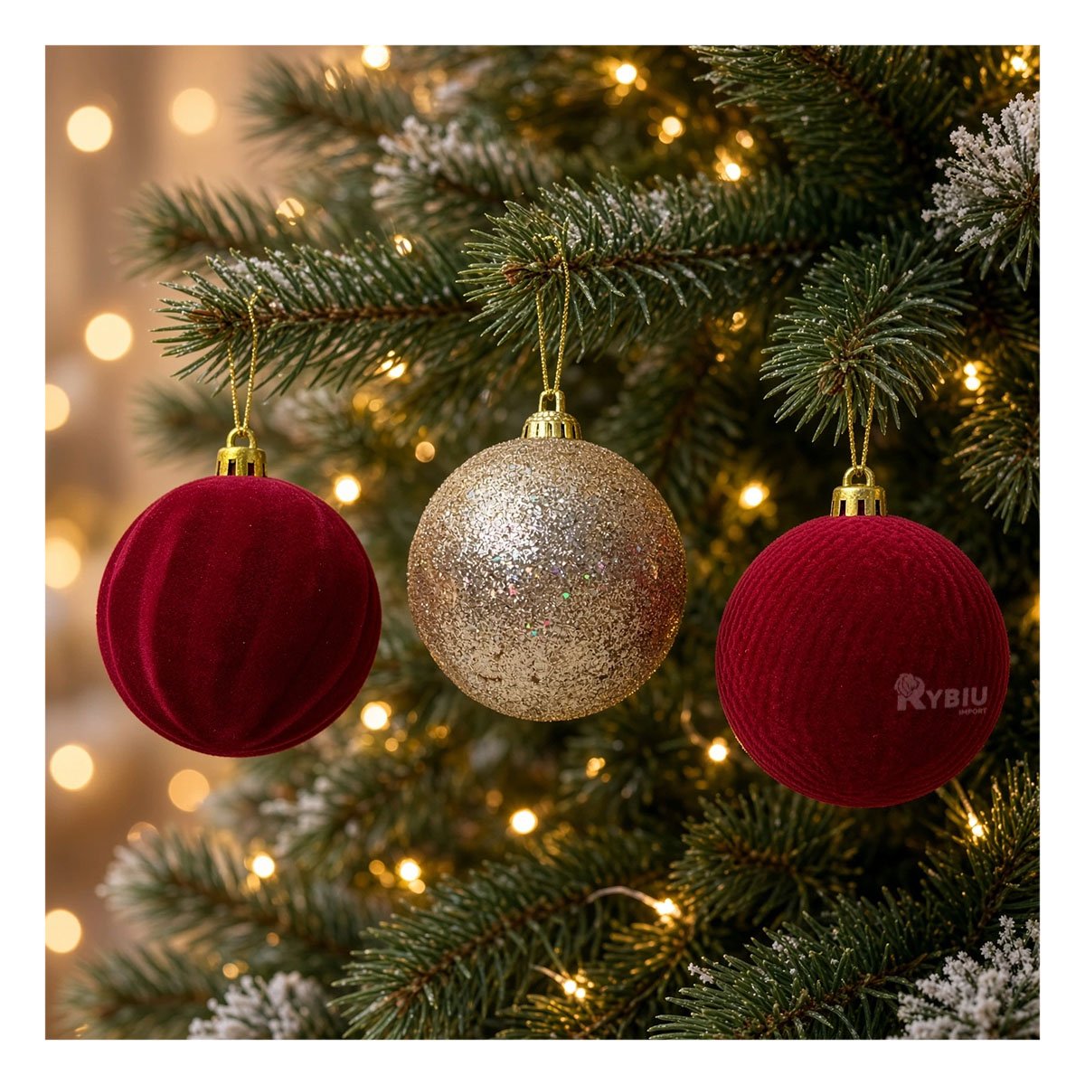 SET 12 BOLAS CON TERCIOPELO PARA ARBOL 6CM BORGONA Y CHAMPAN Y STICKY - 1