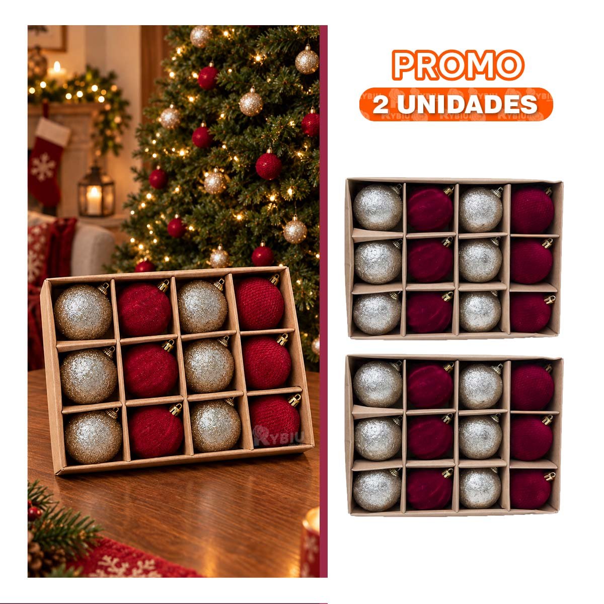 PACK2 DECORACIONES DE 12 BOLAS PARA ARBOL 6CM BORGONA Y CHAMPAN YPAPEL REGALO - 1