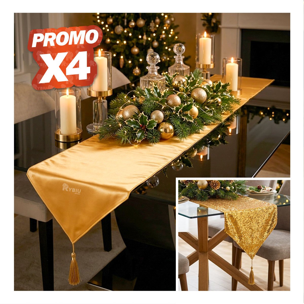 PACK4 ACCESORIO SUTIL DE MESA RASO Y CON LENTEJUELAS DORADO 2 EN 1 YREGALO STICKER - 1