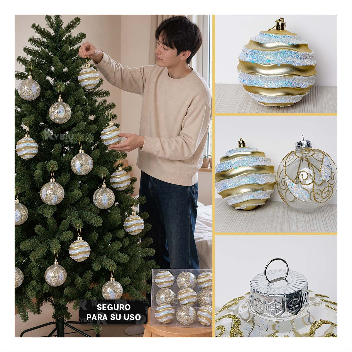 SET 9 ADORNOS TRANSPARENTES PARA NAVIDAD 10CM DORADO Y REGALO STICKER - 3