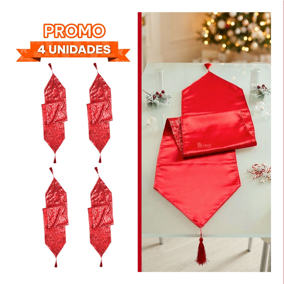 PACK4 ACCESORIO CLASICO DE MESA RASO Y CON LENTEJUELAS ROJO 2 EN 1 YPAPEL REGALO - 1
