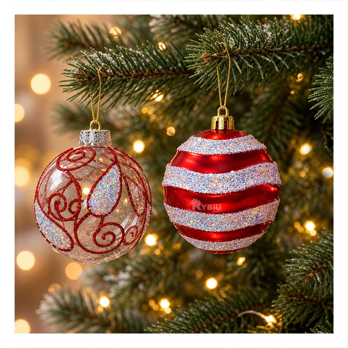 SET 9 BOLAS CON RAYAS PARA ARBOL DE NAVIDAD 10CM ROJO Y STICKY - 1