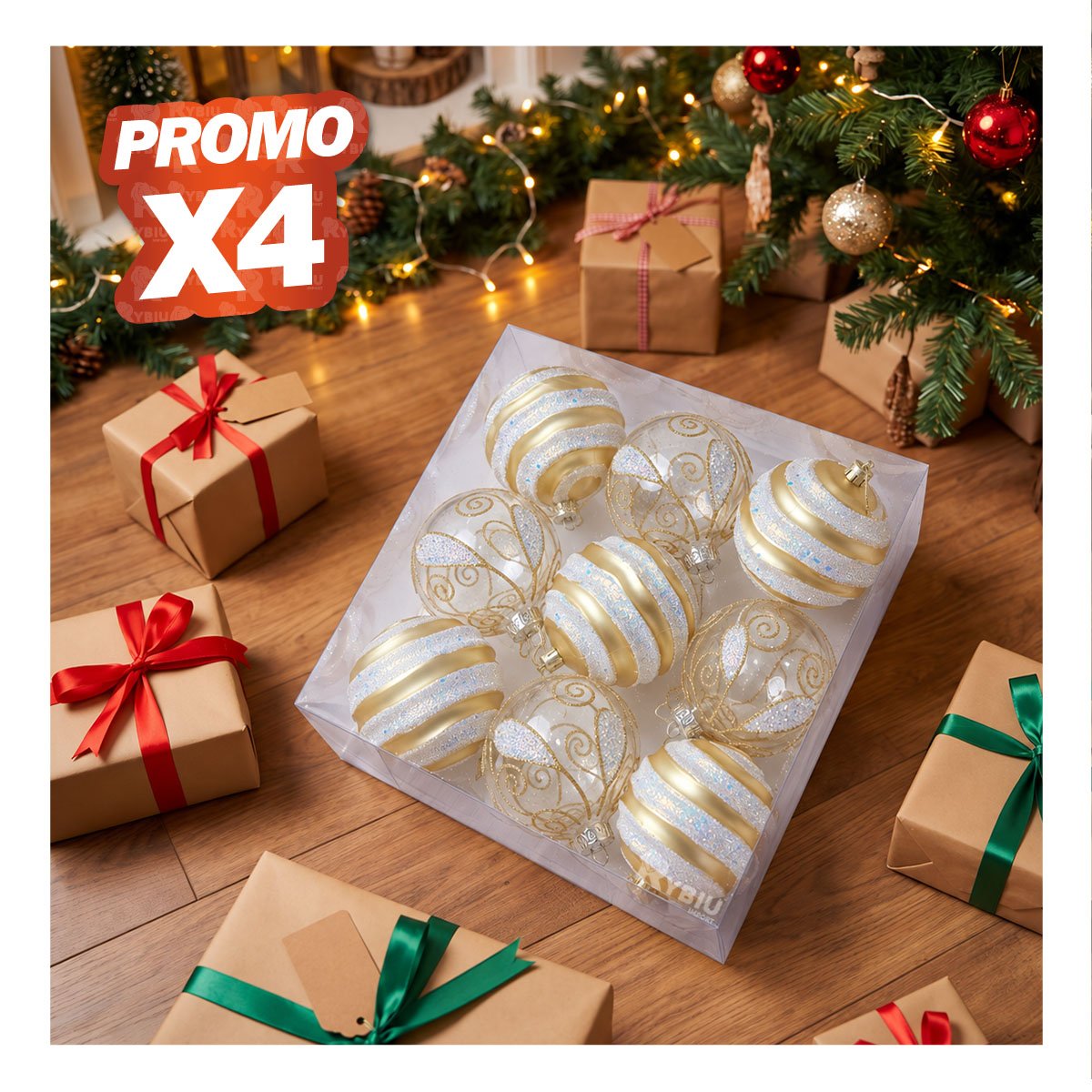 PACK4 ESFERAS 9 TRANSPARENTES PARA ARBOL 10CM DORADO YREGALO STICKER - 1