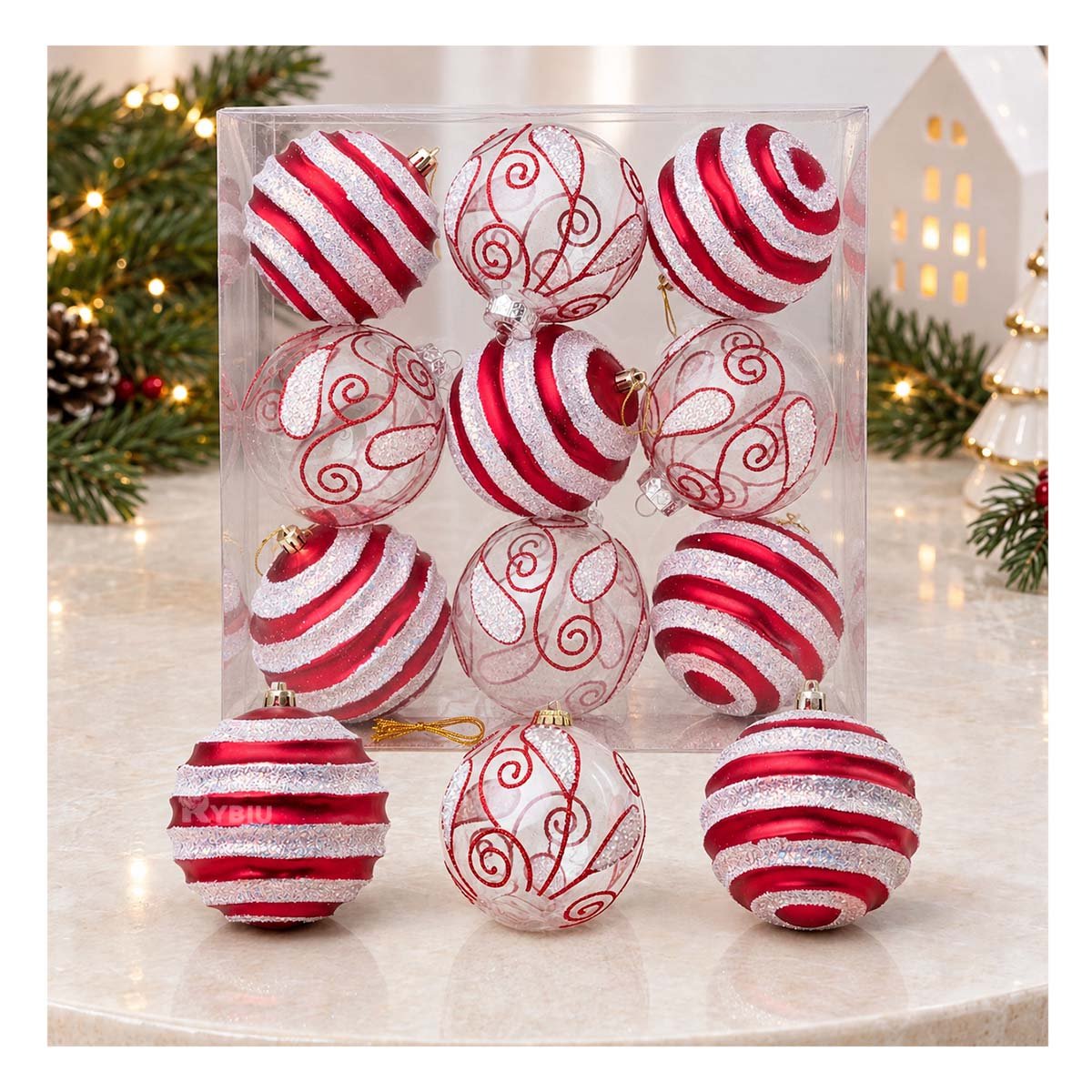SET 9 ADORNOS TRANSPARENTES PARA NAVIDAD 10CM ROJO Y REGALO STICKER - 1