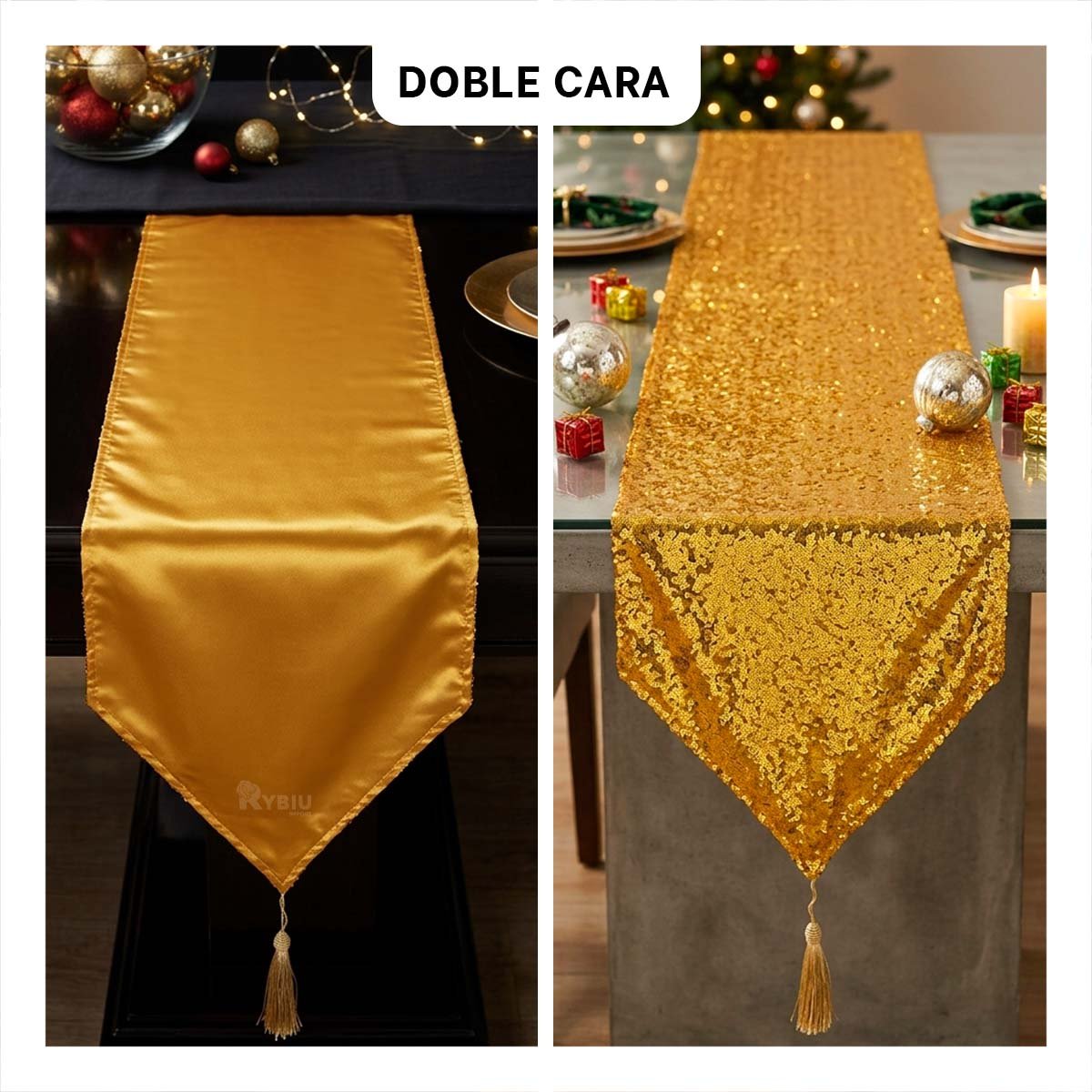 TAPETE DE MESA RASO Y CON LENTEJUELAS DORADO 2 EN 1 Y REGALO STICKER - 1