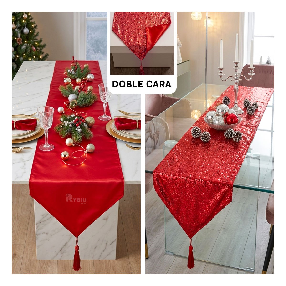 SENDERO DE MESA RASO Y CON LENTEJUELAS ROJO 2 EN 1 Y PAPEL REGALO - 1