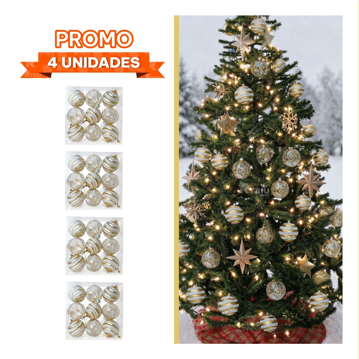 PACK4 ESFERAS 9 RAYADAS PARA DECORAR 10CM DORADO YPAPEL REGALO - 1