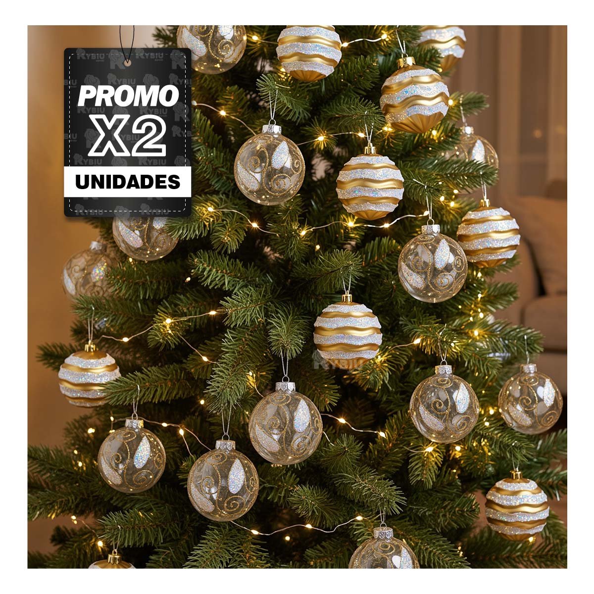 PACK2 ADORNOS 9 PARA ARBOL NAVIDENO 10CM DORADO - 1