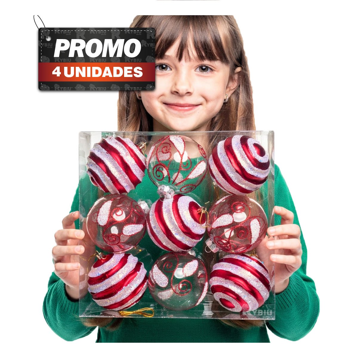 PACK4 ESFERAS 9 NAVIDENAS CON RAYAS 10CM ROJO - 1