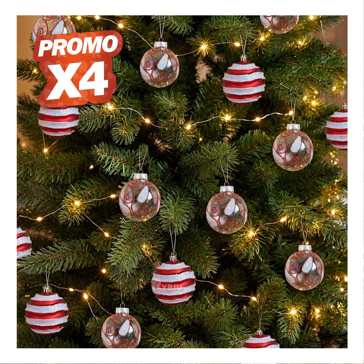 PACK4 ESFERAS 9 TRANSPARENTES PARA ARBOL 10CM ROJO YREGALO STICKER - 1