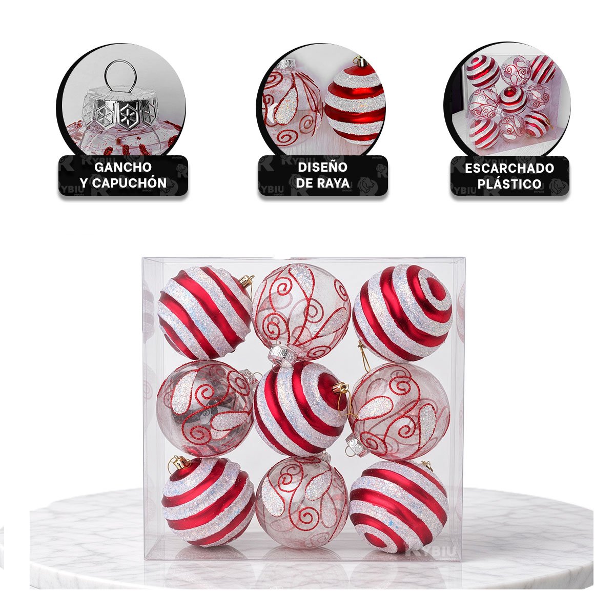 PACK4 ESFERAS 9 TRANSPARENTES PARA ARBOL 10CM ROJO YREGALO STICKER - 4