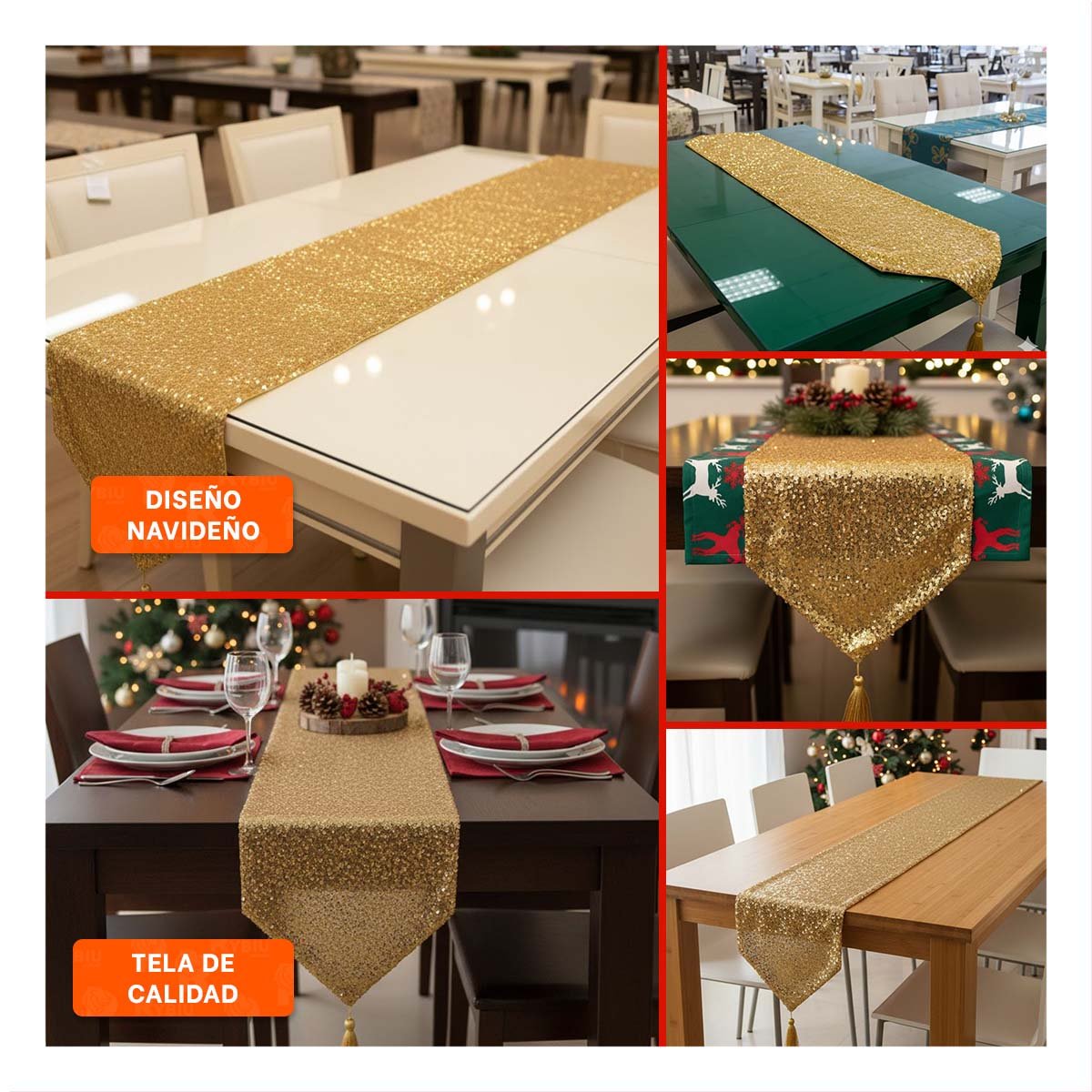 PACK2 TAPETE PARA MESA DE LENTEJUELAS DORADO SOBRE 220X35CM SALA Y CENA Y+PAPEL REGALO - 3