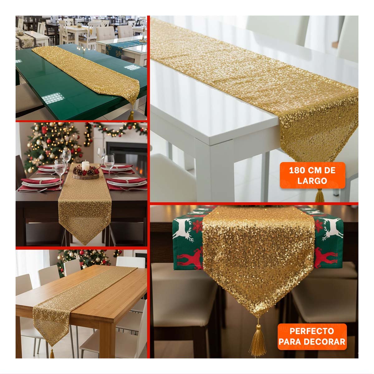 CAMINO DORADO DE LENTEJUELAS 220X35CM PARA MESA EN COMEDOR Y CENA Y+PAPEL REGALO - 3