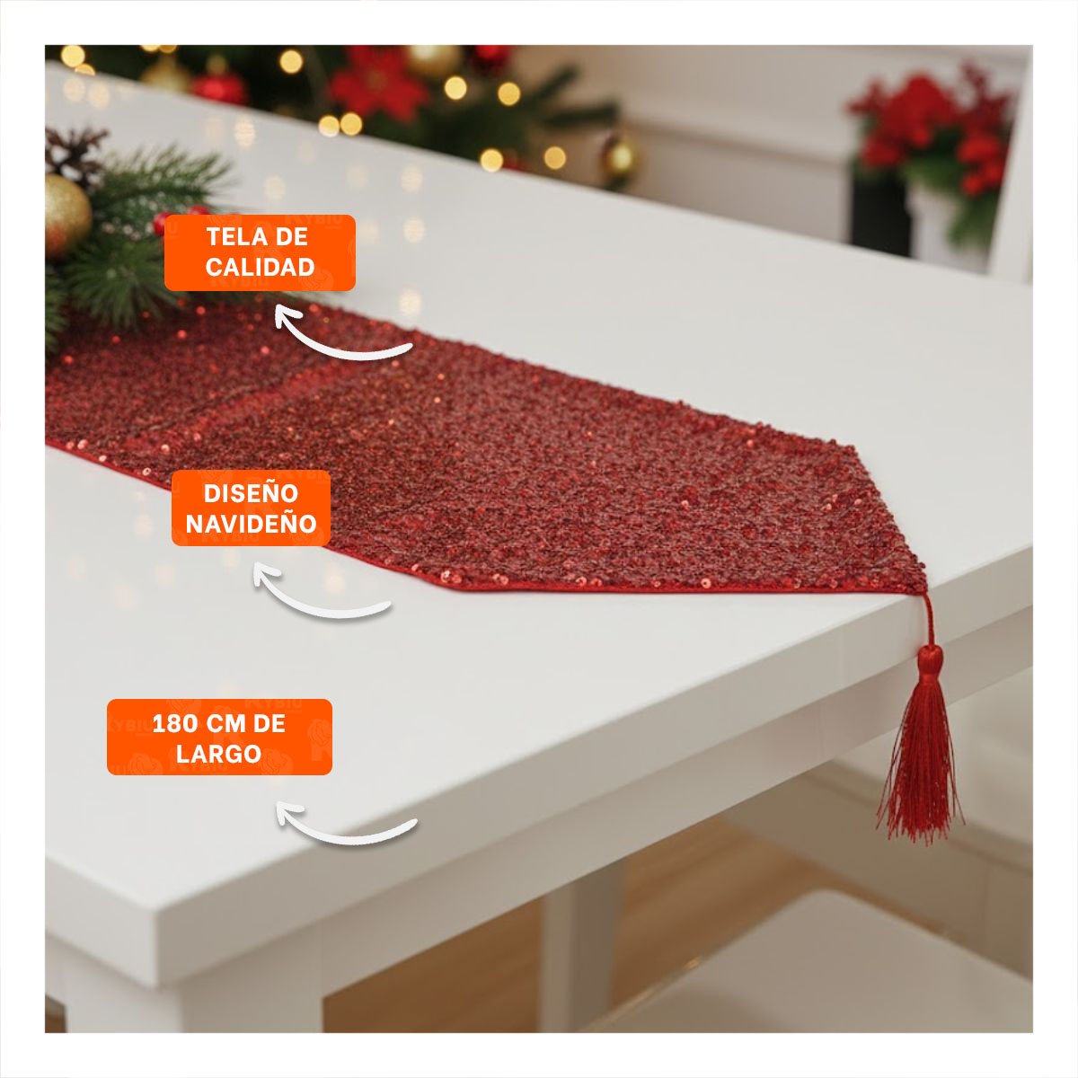 CAMINO 220X35CM CON LENTEJUELAS PARA MESA EN COMEDOR Y CENA ROJO YPAPEL REGALO - 2