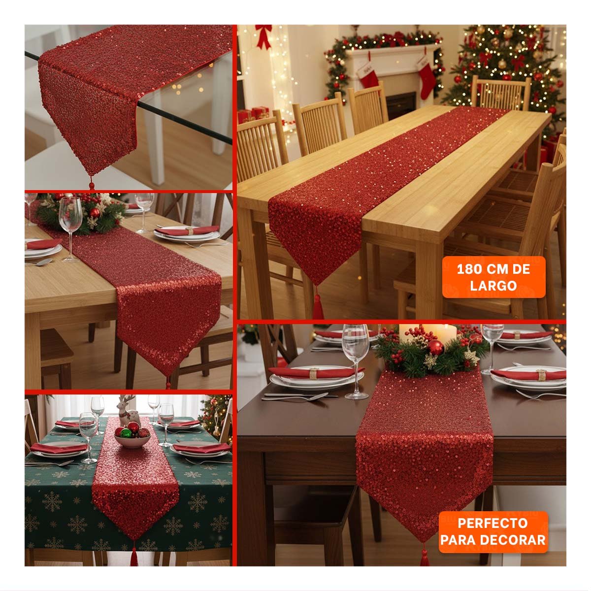 CAMINO 220X35CM CON LENTEJUELAS PARA MESA EN COMEDOR Y CENA ROJO YPAPEL REGALO - 3
