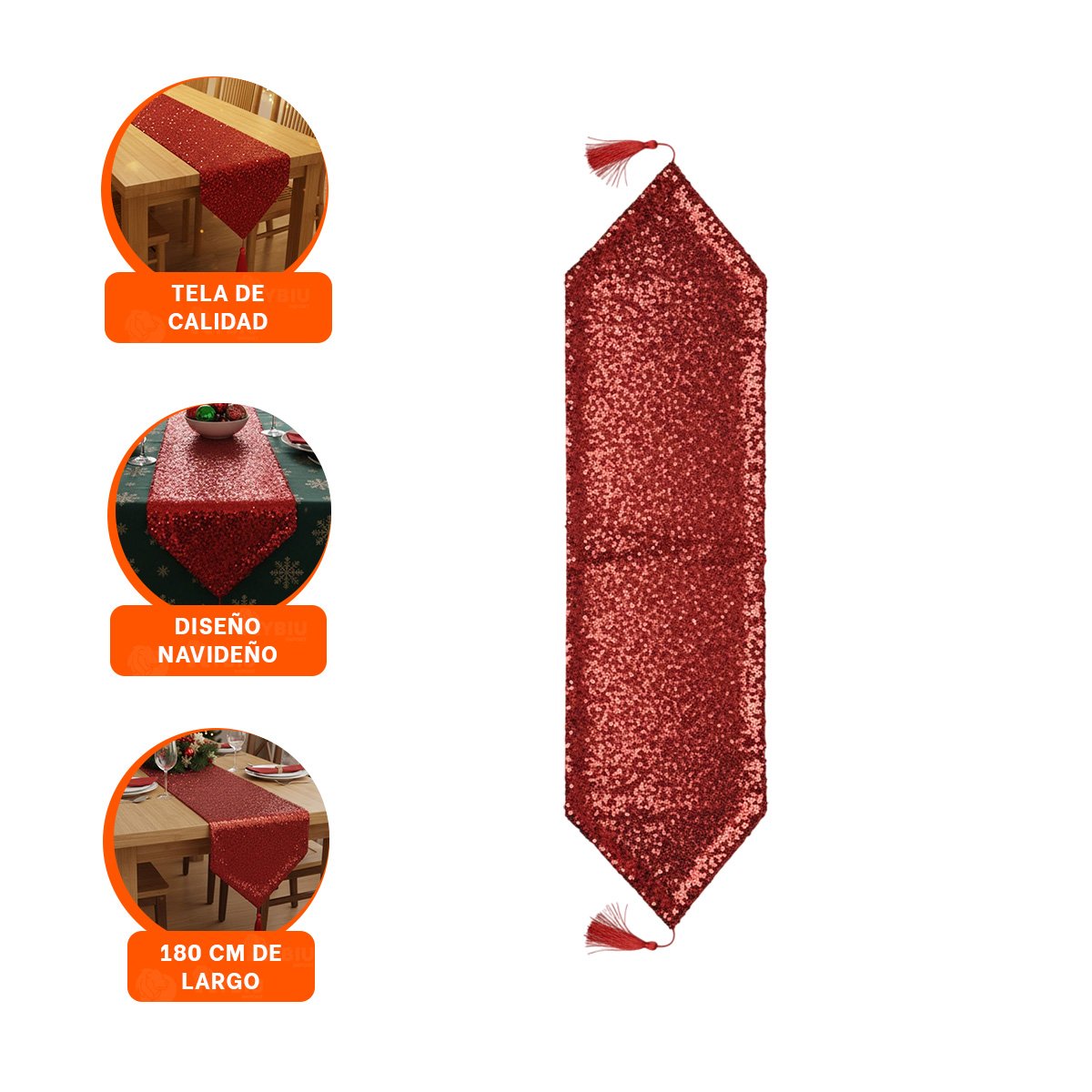 CAMINO 220X35CM CON LENTEJUELAS PARA MESA EN COMEDOR Y CENA ROJO YPAPEL REGALO - 5