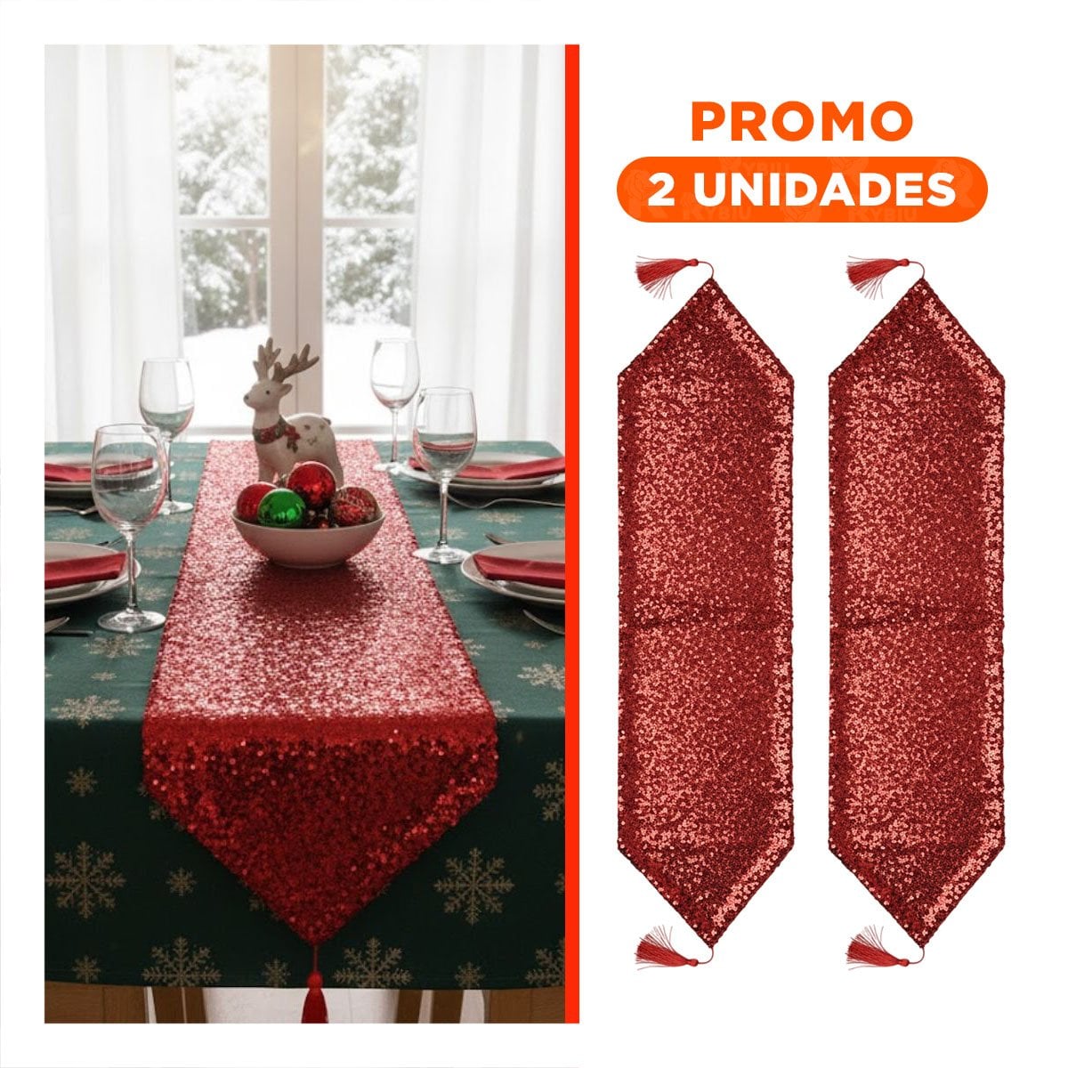 PACK2 TAPETE DE MESA ROJO CON LENTEJUELAS PARA 220X35CM COCINA Y CELEBRACION YREGALO STICKER - 1