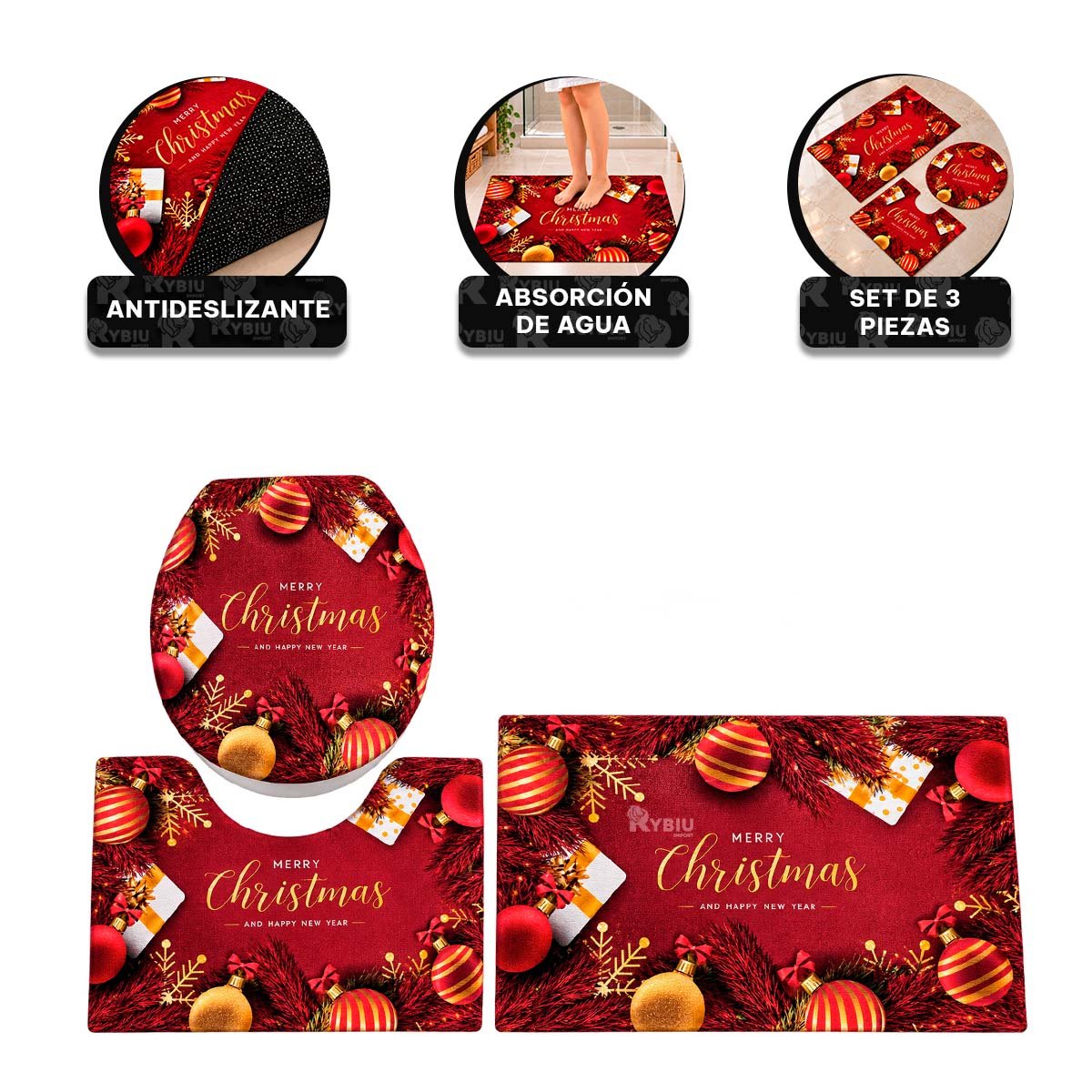 PACK4 COMBO 3 PIEZAS GUINDA RAMAS Y PARA BANO BOLAS NAVIDENAS ESPECIAL YPAPEL REGALO - 2