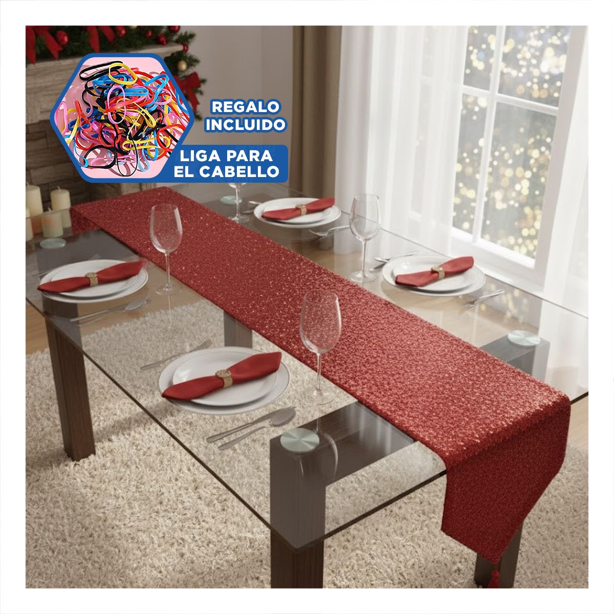 CAMINO DE MESA ROJO CON LENTEJUELAS SOBRE MESA 220X35CM Y DECORACION YLIGAS REGALO - 2