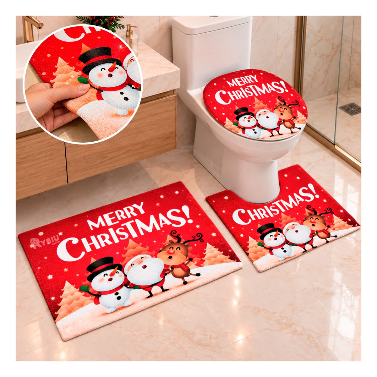 SET 3 PIEZAS ROJO PARA BANO 3 PERSONAJES FIESTA Y HOGAR ALEGRE YPAPEL REGALO - 1