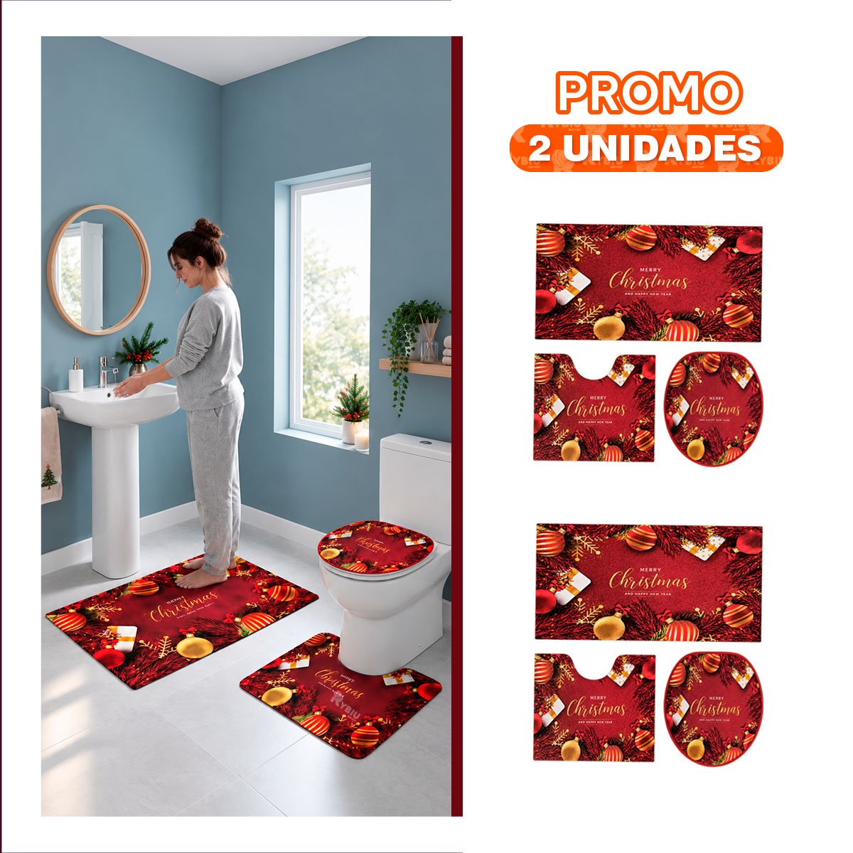 PACK2 COMBO 3 PIEZAS GUINDA PARA BANO NAVIDENAS RAMAS Y BOLAS FESTIVA YPAPEL REGALO - 1