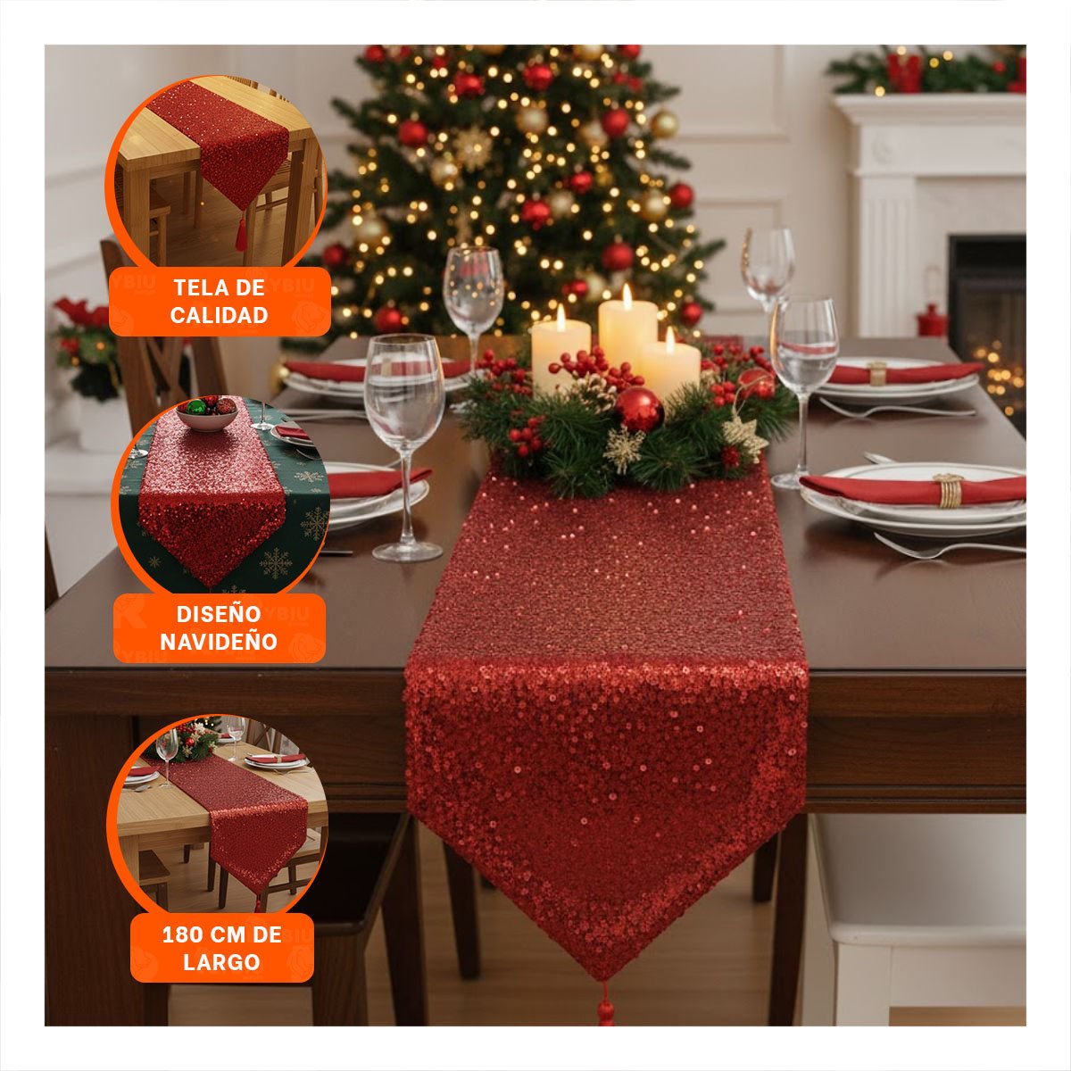 PACK2 TAPETE ROJO DE MESA 220X35CM LENTEJUELAS EN COMEDOR Y FIESTA - 5