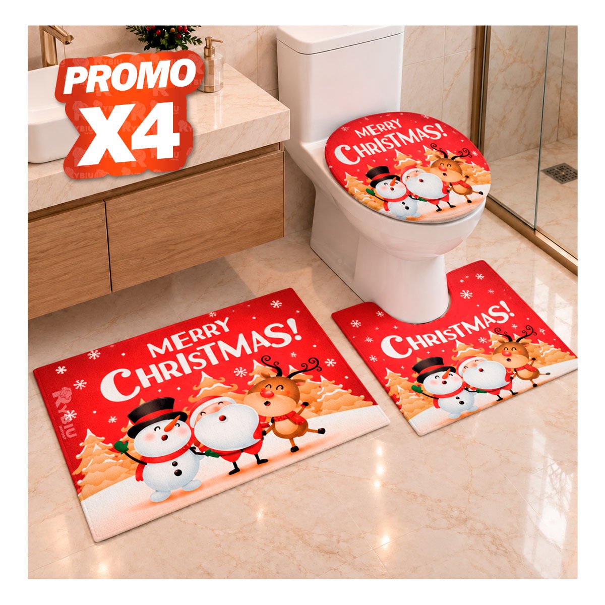 PACK4 PACK PARA BANO ROJO 3 PIEZAS 3 PERSONAJES FIESTA ALEGRE YREGALO STICKER - 1