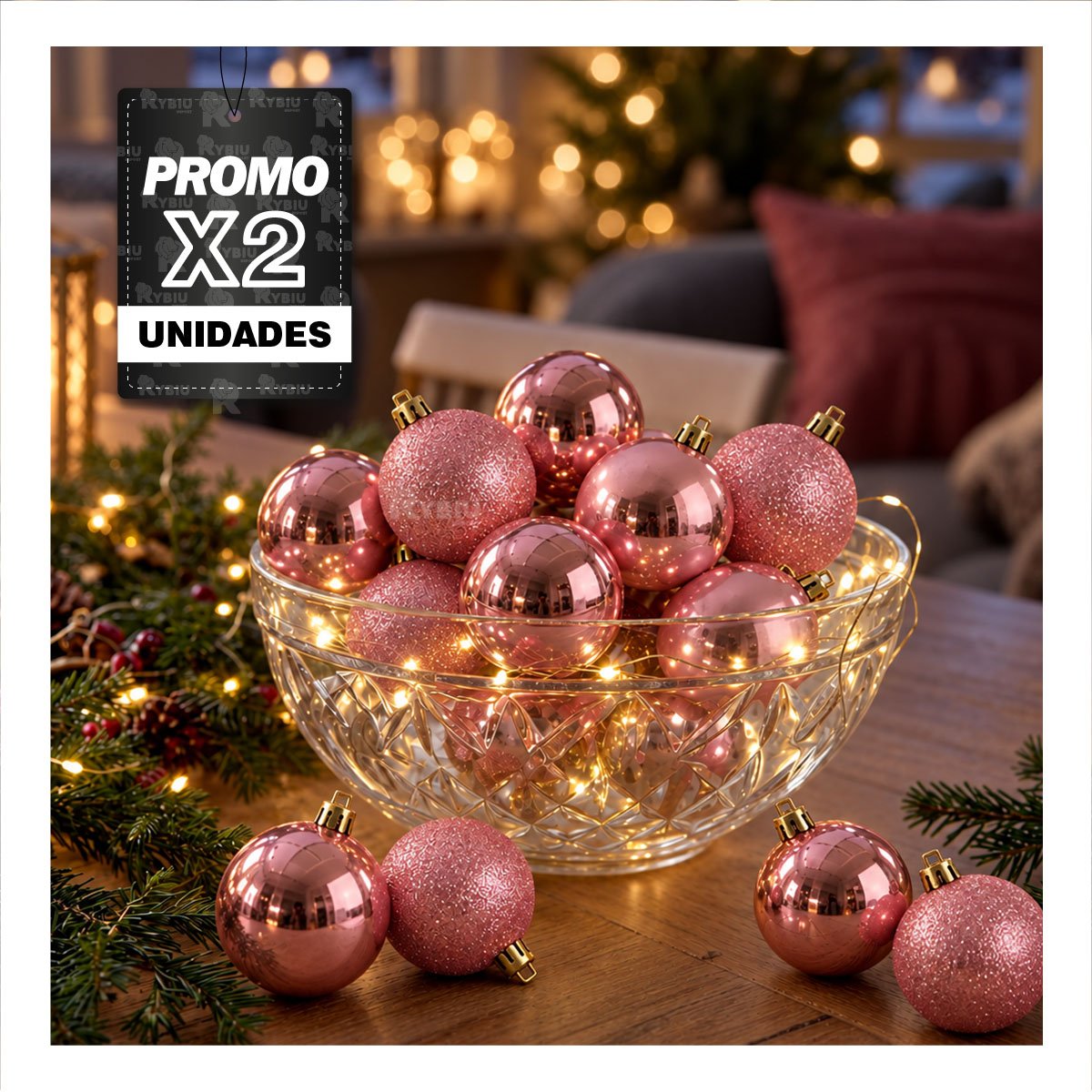 PACK2 IMPLEMENTO BRILLANTES PARA ARBOL NAVIDEÑO CON TOQUE FESTIVO ROSADO BRILLANTE Y ESCARCHADO - 1
