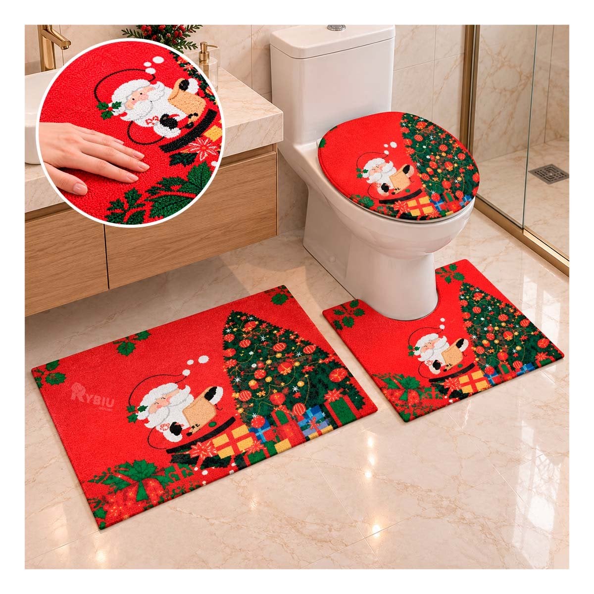 SET 3 PIEZAS GUINDA PARA BANO NAVIDENAS RAMAS Y BOLAS FESTIVO YPAPEL REGALO - 1