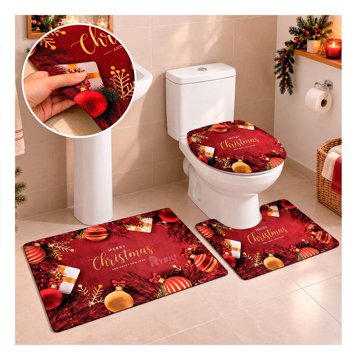 SET 3 PIEZAS GUINDA RAMAS Y BOLAS NAVIDENAS DE BANO FESTIVO YPAPEL REGALO - 1